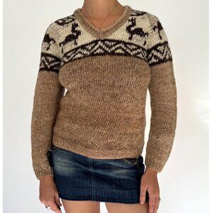 vintage brown llama alpaca peru peruvian folk hand knitted wool pullover sweater
